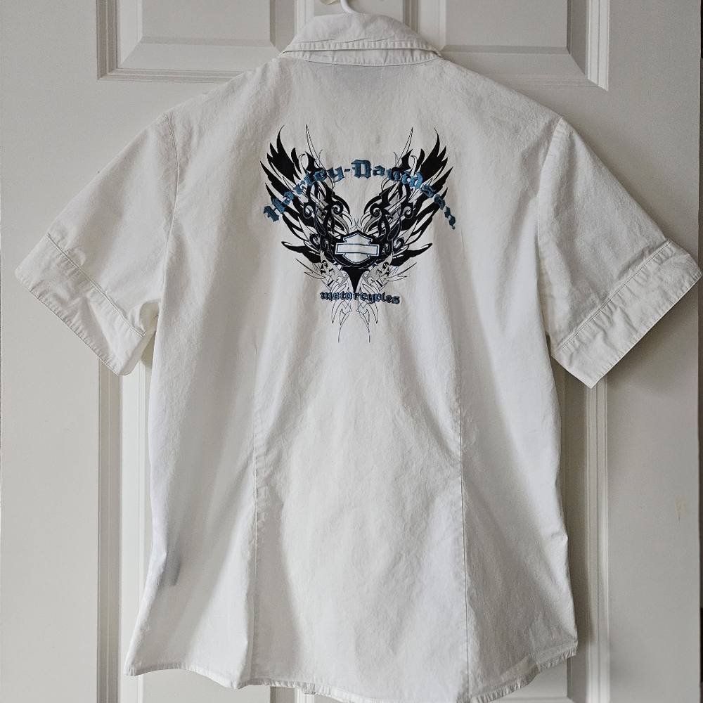 Harley-Davidson Short Sleeve White Button-Down Embroidered Shirt Size Large